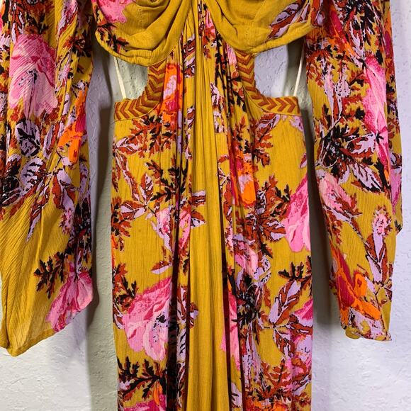 FREE PEOPLE Jumpsuit XS‎ Falling Flowers Off Shoulder Wide Leg Boho Flowy Sleeve - Picture 8 of 15